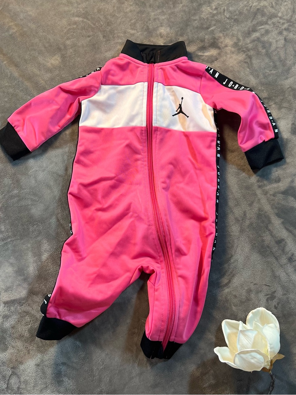 Jordan Pink and White Baby Zip Footie with Black Accents
